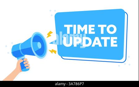 Vibrant Blue Announcement Illustration Saying TIME TO UPDATE with Hand Holding Megaphone Stock Vector