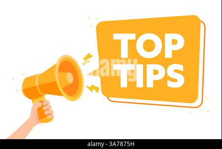 Hand Held Orange Megaphone Announcing Top Tips in a Speech Bubble Vector Illustration Stock Vector