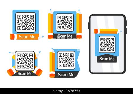 Set of QR code stickers flanked by pencils, with Scan Me text, designed for interactive engagement Stock Vector
