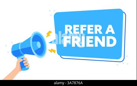 Vibrant Blue Megaphone Announcement for REFER A FRIEND with Hand Holding Banner Illustration Stock Vector
