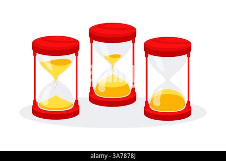 Showing three hourglasses with sand at different levels, symbolizing passing time. Vector illustration Stock Vector