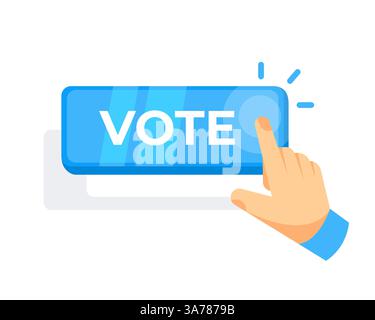 Hand pressing a VOTE button, symbolizing participation in online voting or surveys Stock Vector