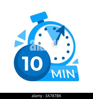 10 minutes timer. Stopwatch icon 10 min. Clock and watch limited cooking time. Vector illustration. Stock Vector