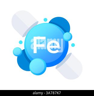 Iron element with dynamic blue bubbles and Fe symbol Stock Vector