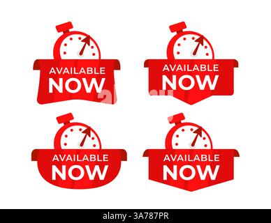 Instant Availability Alert Set of Available Now Banners with Stopwatch for Immediate Service or Release Stock Vector