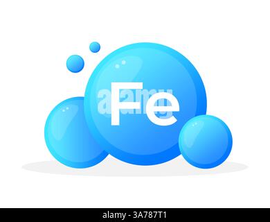 Iron element with dynamic blue bubbles and Fe symbol Stock Vector