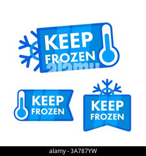 Set of blue Keep Frozen labels with snowflake and thermometer icons for frozen goods packaging Stock Vector