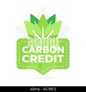 Green badge with a leaf symbol representing the achievement or purchase of carbon credit for environmental sustainability Stock Vector