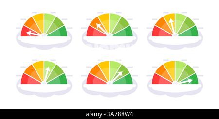 Speedometer set, gauge meter. Speed dial indicator. Scale, level of performance. Score progress. Vector illustration Stock Vector