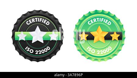 ISO 22000 standard certificate badge. Quality control. International Organization for Standardization. Food safety management. Vector illustration Stock Vector