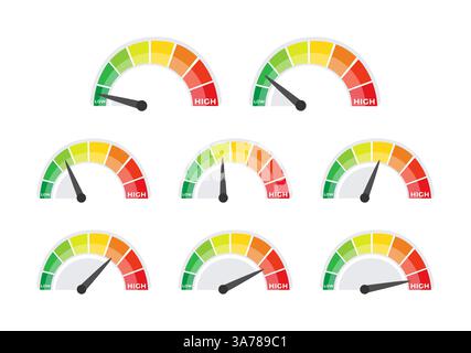 Speedometer set, gauge meter. Speed dial indicator. Scale, level of performance. Score progress. Vector illustration Stock Vector