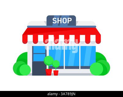 Small shop facade with a red-striped awning, large display windows, and potted plants outside Stock Vector