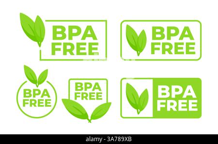 Set of green BPA Free badges with leaf, indicating products free from bisphenol for health and safety. Stock Vector