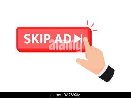 Hand pressing a Skip Ad button, commonly seen on video platforms Stock Vector