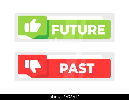 Two speech bubbles with FUTURE in green and PAST in red, symbolizing the contrast and transition between times. Stock Vector