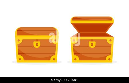 Wooden chest. Treasure box open and closed. Vector illustration Stock Vector