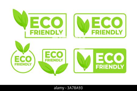 Set green labels with leaf symbols, promoting eco-friendly and environmentally conscious products. Stock Vector