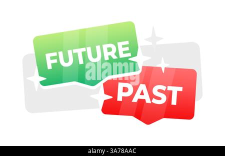 Two speech bubbles with FUTURE in green and PAST in red, symbolizing the contrast and transition between times. Stock Vector