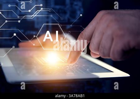 Artificial intelligence. Circuit board scheme with AI abbreviation and man using tablet on dark background, closeup Stock Photo