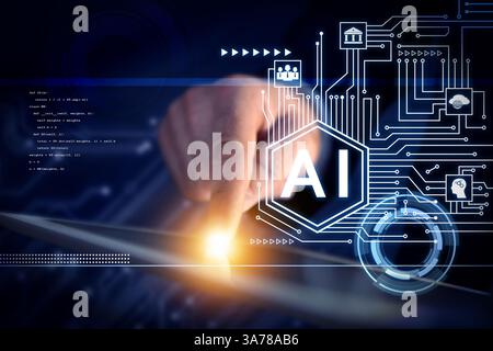 Artificial intelligence. Circuit board scheme with AI abbreviation and businessman using tablet on dark background, closeup Stock Photo