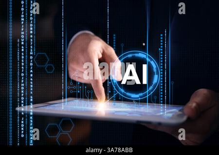 Artificial intelligence. Circuit board scheme with AI abbreviation and businessman using tablet on dark background, closeup Stock Photo