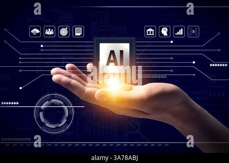 Artificial intelligence. Man holding virtual circuit board scheme with AI abbreviation and icons on dark blue background, closeup Stock Photo