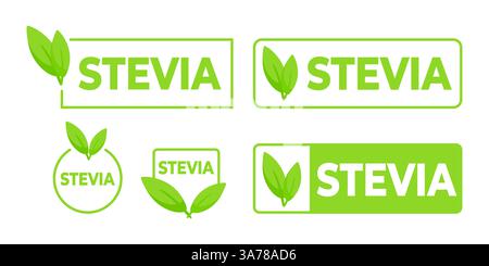 Set of green Stevia labels with leaf icon, perfect for marking natural sweetener products and sugar free options. Stock Vector