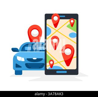 Online car rent and sharing service. Phone with location mark and smart car. Vector illustration Stock Vector