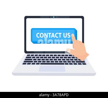 Hand pointer clicking on a Contact Us button on a laptop screen. Vector illustration Stock Vector