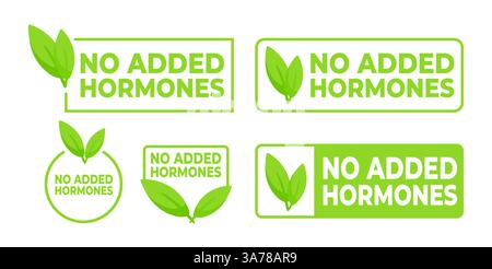 Set of labels in green with a leaf symbol declaring No Added Hormones, ideal for clean and trustworthy food product packaging. Stock Vector