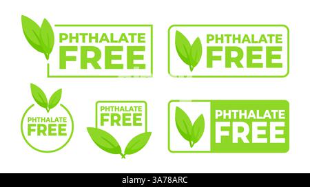 Set of green safety labels featuring Phthalate Free text and a leaf design, for health safe product packaging. Stock Vector