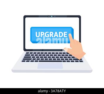 Hand pointer clicking on a upgrade button on a laptop screen. Vector illustration Stock Vector