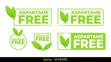 Green labels Aspartame Free with a simple leaf design, signifying health-conscious choices in food and beverages. Stock Vector