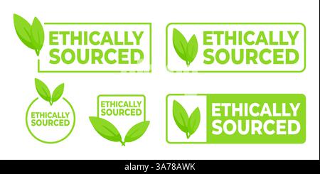 Set of green Ethically Sourced labels with leaf icons, for products responsible sourcing and corporate ethics. Stock Vector
