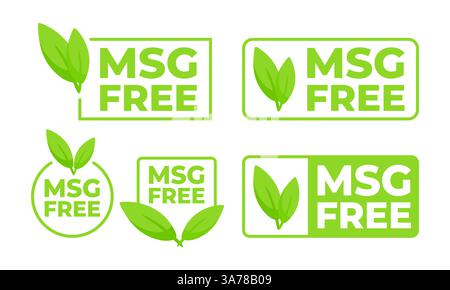 Set of green labels with MSG Free text and a leaf symbol, for products promoting health without the use of monosodium glutamate. Stock Vector