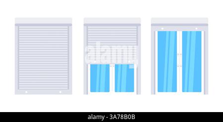 Plastic window with rolling shutter set. Glass window. Vector illustration Stock Vector