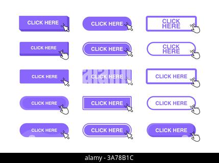 Click here button with hand cursor. Hand pointer clicking. Vector illustration Stock Vector