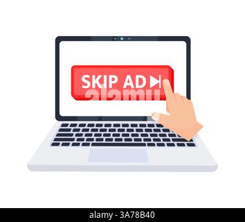 Hand pointer clicking on a skip ad button on a laptop screen. Vector illustration Stock Vector