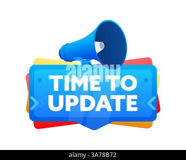 Time to update. Badge with megaphone banner, label. Marketing and advertising. Vector illustration Stock Vector