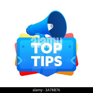Top tips. Badge with megaphone banner, label. Marketing and advertising. Vector illustration Stock Vector