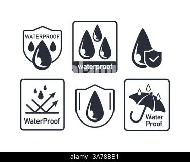 Waterproof icon, water and rain liquid resistant fabric logo, vector ...