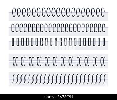 Set iron spiral. Metal binder for calendar or notebook. Rings for stitching pages Stock Vector