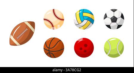Collection of sports balls, including a football, basketball, and tennis ball Stock Vector