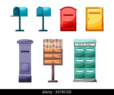 Post mail boxes set. Letter boxes for communication, mailing. Mail newsletter package delivery Stock Vector