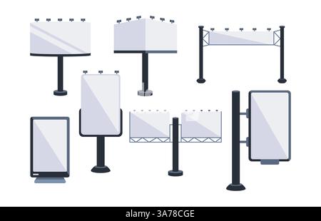 Road billboards templates. Road billboards realistic template. Lightboxes variety stand. City street advertisement Stock Vector