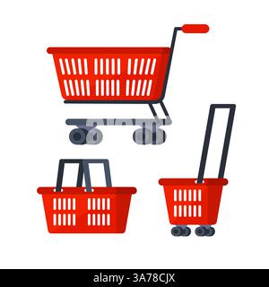 Plastic shopping cart on white background. Supermarket basket. Hypermarket product carry Stock Vector
