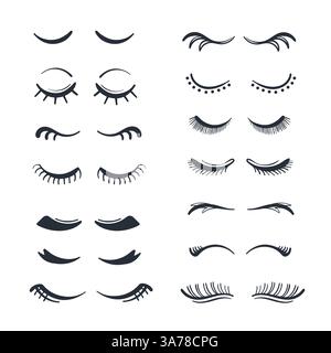 Different False Eyelashes. Female Lashes Extensions Sketch. Long black lashes set Stock Vector
