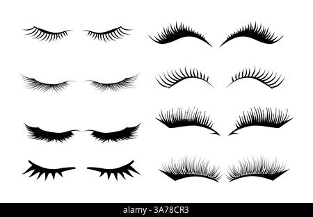 Different False Eyelashes. Female Lashes Extensions Sketch. Long black lashes set Stock Vector