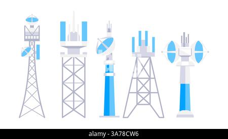 Radio, Mobile tower and antennas. Internet network. Communication towers set. Satellite antenna Stock Vector