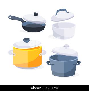 Pans pots and saucepans. Saucepans, frying pans. Kitchen pots Stock Vector
